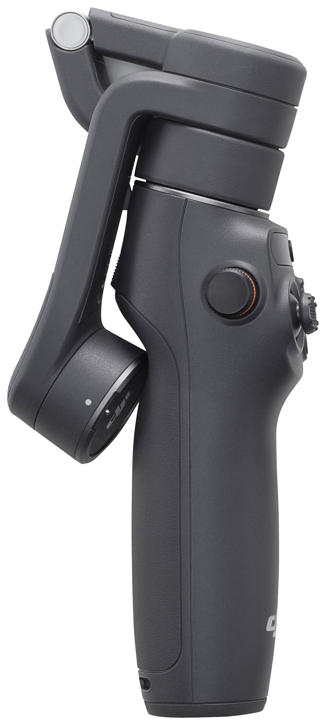 Tragbarer, zusammenklappbarer Smartphone-Gimbal in schwarzer Farbe mit ergonomischem Griff und Steuerknöpfen. Ideal für stabile Videoaufnahmen.