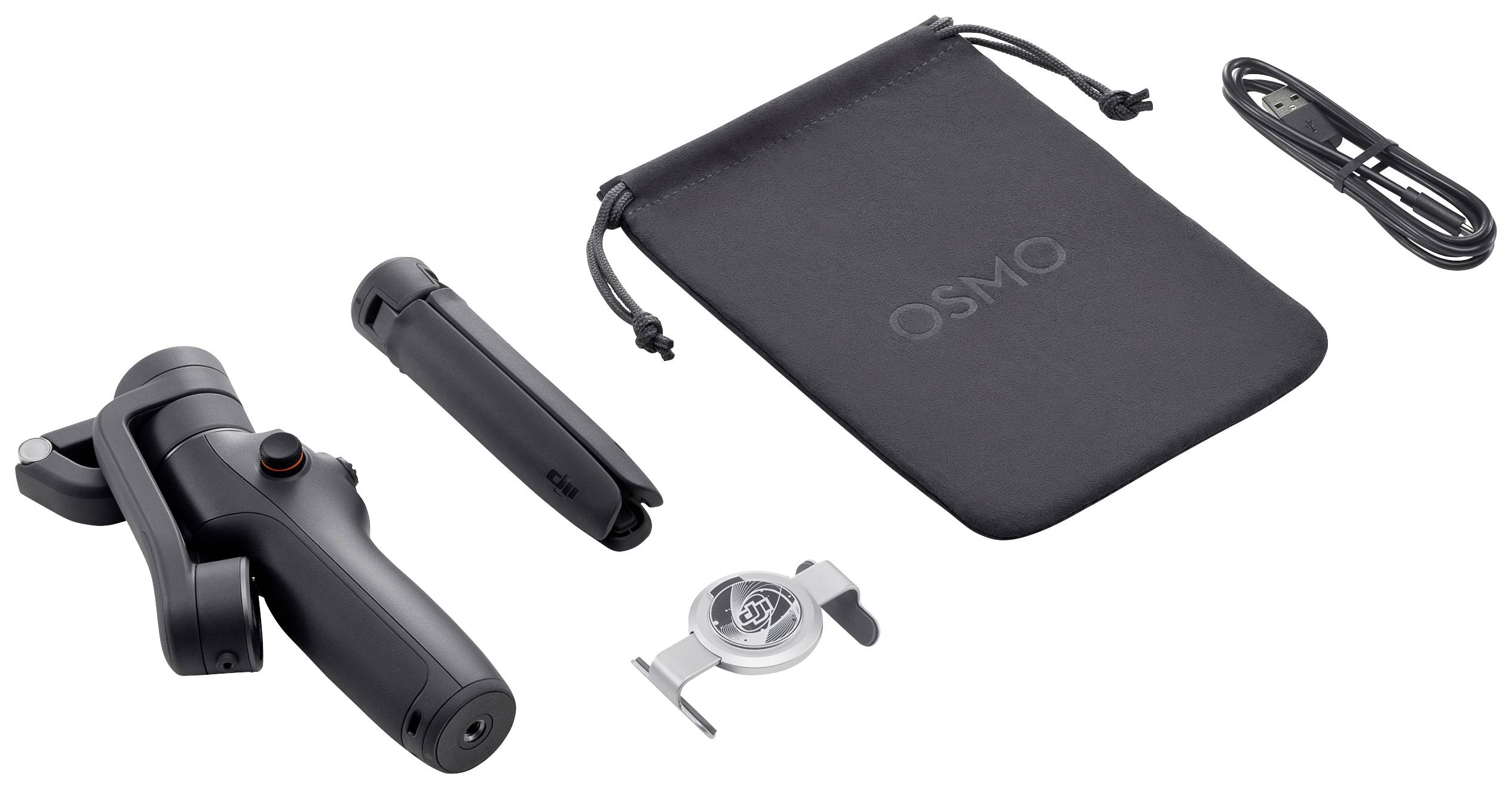 DJI Osmo Mobile 3 Gimbal-Kit mit Halterung, Tripod, Tasche und Ladekabel, ideal zum Stabilisieren von Smartphone-Videos.