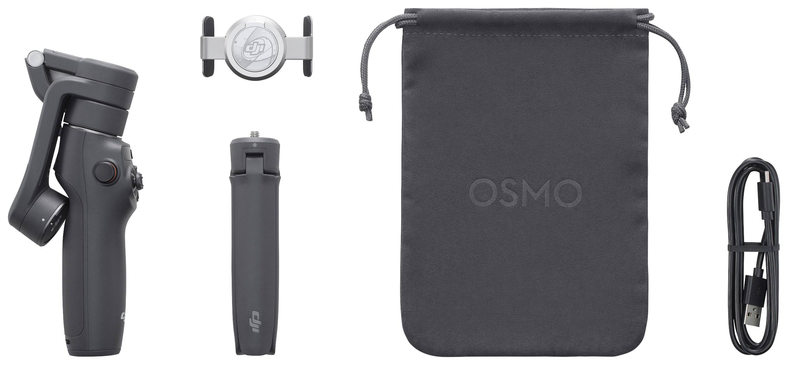 Zusammengeklappter Handheld-Gimbal, Smartphone-Halterung, Mini-Stativ, Aufbewahrungsbeutel mit 'OSMO'-Logo und USB-Kabel.