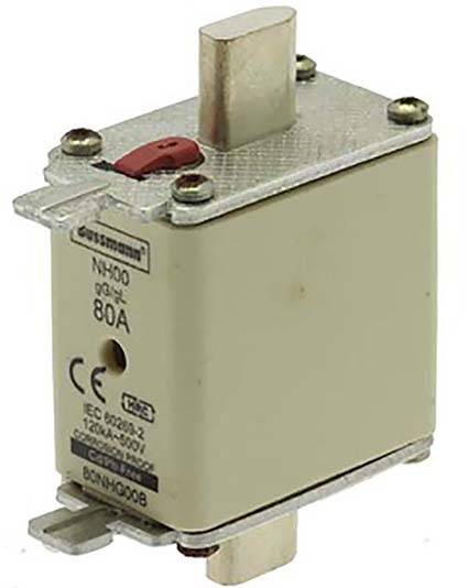 Ein rechteckiger, cremefarbener Sicherungseinsatz mit rotem Schalter; markiert mit 'NH00', '80A' und technischen Details.