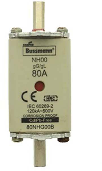 Ein Sicherungseinsatz mit der Aufschrift 'Bussmann NH00 80A'. Spezifikationen: IEC 60269-2, 120kA-500V. Umweltangabe: Cd-Pb-Free.
