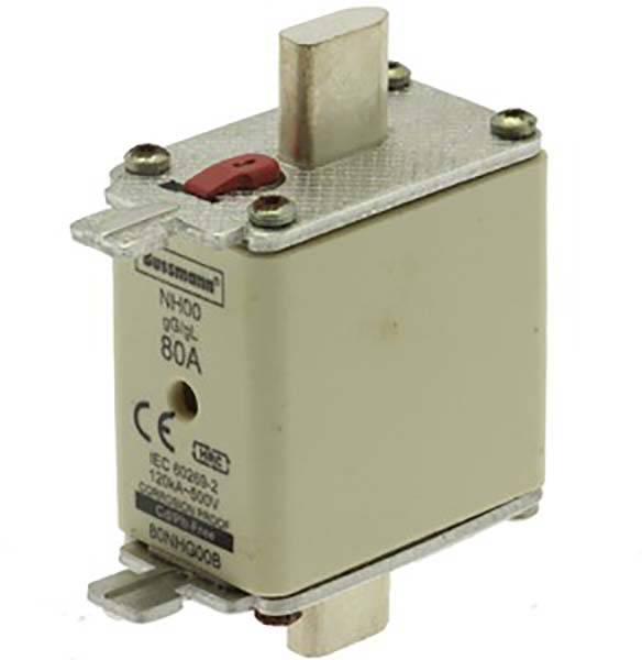 Ein rechteckiger NH-Sicherungsträger mit 80A von BUSSMANN, helles Gehäuse, mit rotem Indikator oben, für elektrische Sicherungsanwendungen.