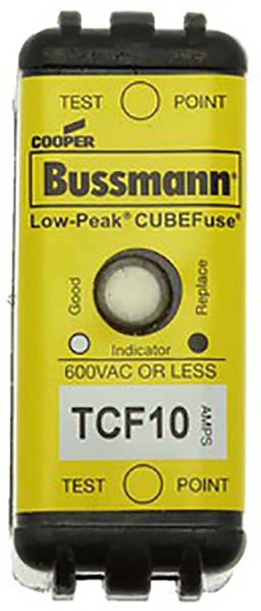 Gelbe Bussmann Sicherung TCF10 von Cooper. Aufschrift: 'Low-Peak CUBEFuse', '600VAC OR LESS', 'Good', 'Replace', 'TEST', 'POINT'.