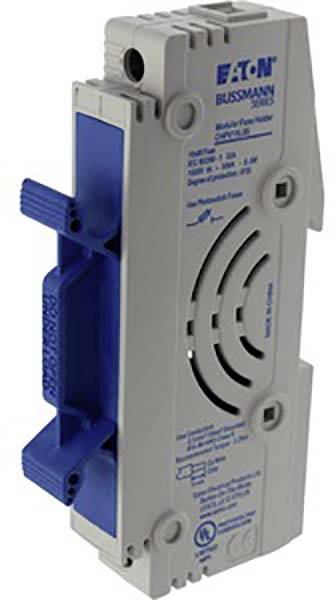 Ein blauer Sicherungshalter eines Eaton Bussmann Produkts, seitlich betrachtet. Geeignet für elektrische Sicherungen zum Schutz von Schaltungen.