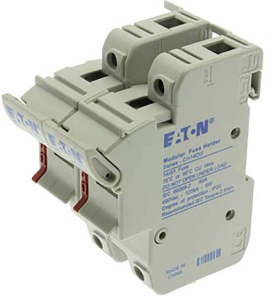 Ein grauer modularer Leistungsschalter mit rotem Schalter und blauem Aufdruck 'EATON'. Dient zum Schutz elektrischer Schaltkreise.