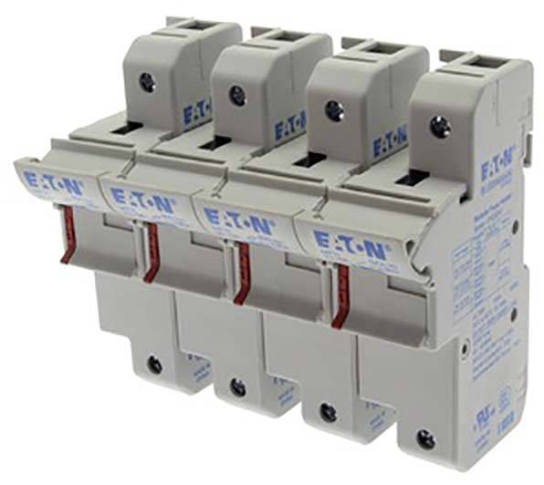 Ein grauer, vierpoliger elektrischer Leistungsschalter mit blauen 'Eaton'-Markierungen, dient zur Unterbrechung des Stromkreises.