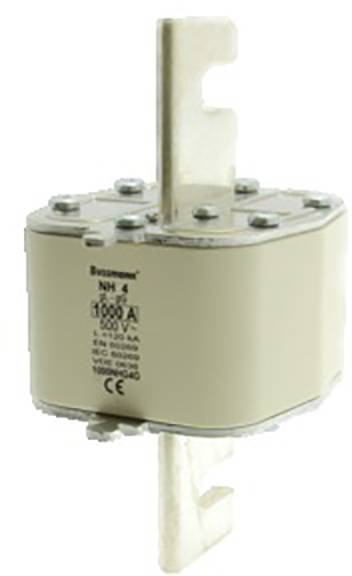 NH-Sicherungseinsatz; Aufschrift: 'NH 4', '1000 A', '500V AC'. Geeignet für industrielle elektrische Sicherungssysteme.