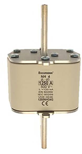 Ein NH-Sicherung mit 1250 A und 500 V, vertikale Ansicht. Gehäusefarbe beige mit Aufschrift. CE-Kennzeichnung sichtbar.