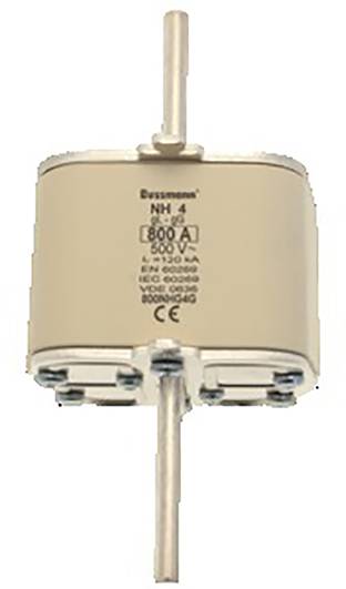 Elektrischer NH-Sicherungseinsatz, Typ NH 4 mit 800 A und 690 V Kapazität. Beige Gehäuse mit Metallelementen für hohe Stromwirkungen.
