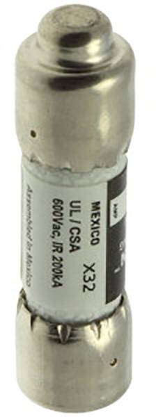 Eine silberne Sicherung mit der Aufschrift 'Mexico X32', zugelassen von UL/CSA, 600 VAC, 200 kA.