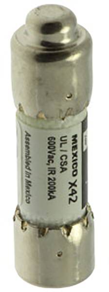 Nahaufnahme einer zylinderförmigen Sicherung mit der Aufschrift 'MXK60 X42', 600VAC, IR 200kA'.