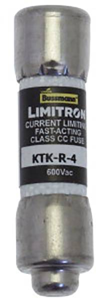 Elektrische Sicherung mit der Aufschrift 'LIMITRON', Typ 'KTK-R-4', für 600V Wechselstrom, speziell für schnellen Schutz entwickelt.