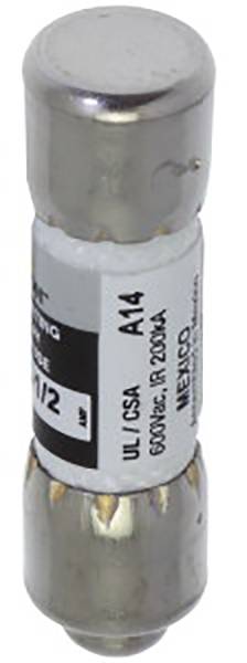 Eine Silbersicherung mit Aufschrift '1/2 AMP UL/CSA A14, 500 VAC, I.R. 200kA, MEXICO'.