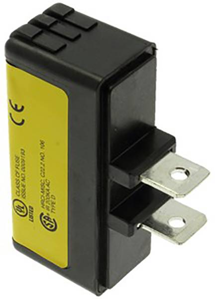 Ein schwarzer elektrischer Steckverbinder mit CE-Kennzeichnung und zwei Metallanschlüssen.