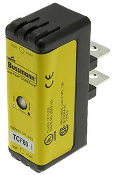 'Bussmann TCF80' DC Sicherung, gelb-schwarz, 600V, 80A. Verfügt über Prüfknopf und CE-Zertifizierung. Träger mit zwei Metallstiften.