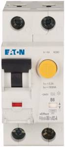 Ein RCBO-Schalter von Eaton mit Testknopf und Schutzschalterfunktion, geeignet für Leitungsschutz bis 6A bei 230V.