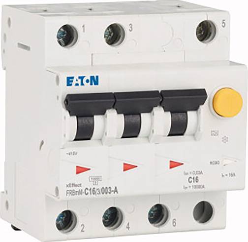 Leistungsschutzschalter mit Kippschalter und gelbem Knopf an der Seite, Marke Eaton, Modell FI/LS-Schalter FRBM-C16/3/003-A.