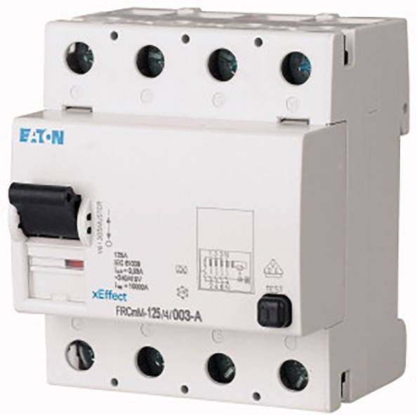 Ein automatischer Schalter von Eaton für elektrische Schutzfunktionen. Modellnummer: FRDmM-125/4/003-A.