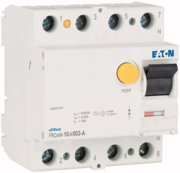 Ein FI-Schutzschalter der Marke Eaton, Modell FRCmM-16/4/003-A, mit gelbem Testknopf und schwarzem Kippschalter, 63A, 240V.