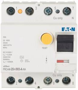 Ein elektrischer Schutzschalter der Marke Eaton. Enthält Spezifikationen wie 25A, 240V, 50/60Hz. Hat einen gelben Testknopf.