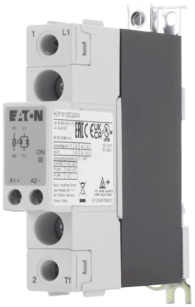 Ein elektrisches Relais von Eaton, Modell MLR15, zeigt Anschlussklemmen und technische Informationen auf dem Etikett vorne.