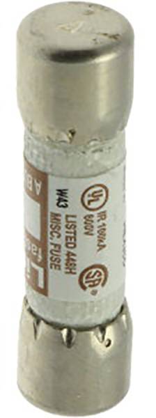 Eine zylindrische elektrische Sicherung mit Metallkappen an beiden Enden, beschriftet als '600V' und '60A'.