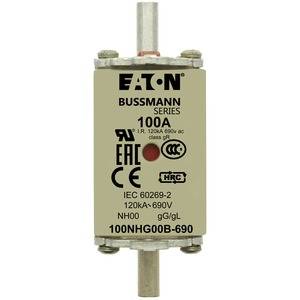 Eine Eaton Bussmann-Serie Sicherung mit 100 Ampere, geeignet für Spannungen bis 690 Volt, mit mehreren Sicherheitszertifizierungen.