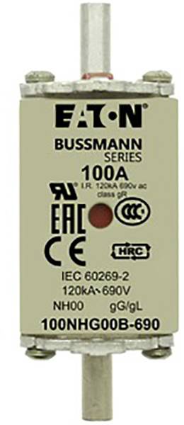 Sicherungseinsatz der Marke Eaton Bussmann, 100A, für Spannungen von 120 bis 690V, geeignet für verschiedene industrielle Anwendungen.