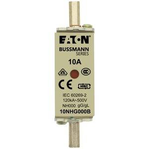 Sicherungseinsatz der Marke Eaton Bussmann, 10 A, 500 V, NH000-Größe, mit CE-Kennzeichnung und IEC 60269-2 Norm.