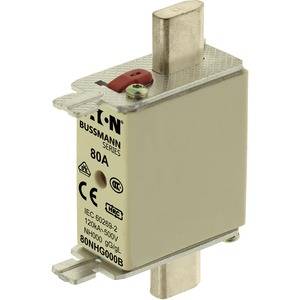 Eine Sicherung mit der Aufschrift 'Eaton Bussmann Series', 80A und 690V. Sie ist für elektrische Sicherheitsanwendungen geeignet.