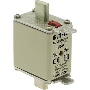 Ein quadratischer Sicherungseinsatz von Eaton Bussmann Series, mit 125A und technischen Standards, geeignet für Spannungen bis 690V.
