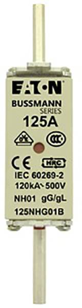 Sicherungseinsatz von Eaton Bussmann Series, 125A, IEC 60269-2, 120kA-500V, NH01 gG/gL, Modellnummer: 125NHG01B.