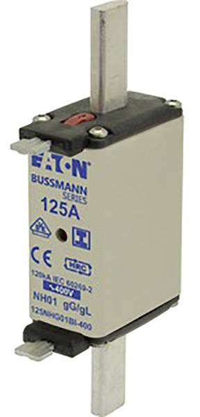 Eine Sicherung vom Typ 'Eaton Bussmann Series 125A', mit CE-Zeichen und NH01 Klassifikation, geeignet für elektrische Schutzanwendungen.