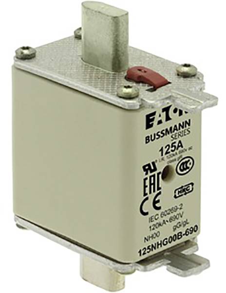 Sicherung der Marke Eaton Bussmann Series, Modell 125NHG008-690, 125 A, IEC 60269-2, für Spannungen 120 kA-690 V.