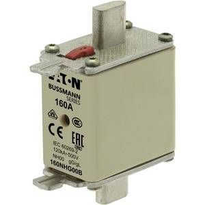 Industrielle NH-Sicherung vom Typ Eaton Bussmann Serie, 160A, 500V, mit CE- und EAC-Kennzeichnung.