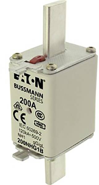 Bussmann Series 200A Sicherung von Eaton, IEC 60269-2 Standard, 120kA-500V, NH1, Modell 200NHG1B, mit CE- und CCC-Zeichen.