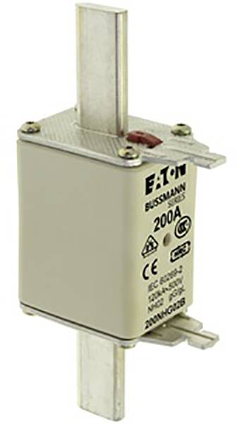 Sicherungseinsatz von Eaton mit 200A, quadratisches Design, Aufdruck zeigt technische Spezifikationen und Sicherheitskennzeichnungen.