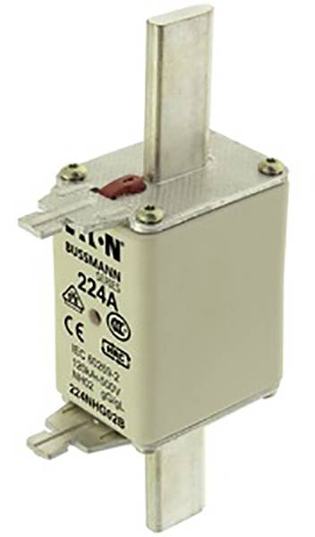 Eine rechteckige elektrische Sicherung mit der Aufschrift 'Eaton Bussmann 224A'. Oben befinden sich zwei Klemmen und unten zwei Anschlüsse.