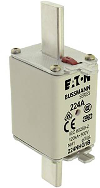 Eine Sicherung vom Typ Eaton Bussmann Series, 224NHG1B, mit einer Stromstärke von 224 A und einer Spannung von 500 V.