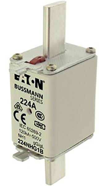 Abgebildet ist eine Eaton Bussmann Sicherung der Serie NH, 224A, 120/500V mit CE-Zeichen.