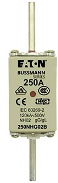 Ein Sicherungseinsatz (Eaton Bussmann Series) mit der Beschriftung '250A', geeignet für 500V, mit IEC-Norm 60269-2.