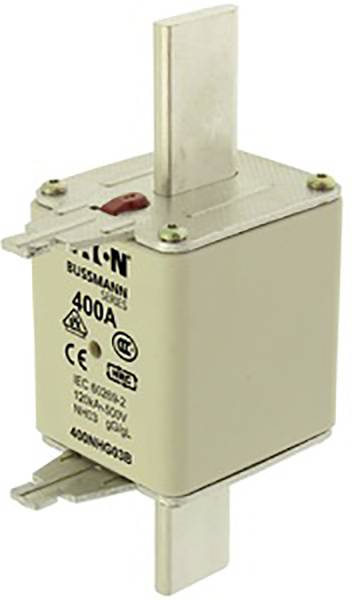 Sicherung des Typs Eaton Bussmann, 400A, mit IEC 60269-2 Normkennzeichnung. Rechteckiges, metallisches Gehäuse.