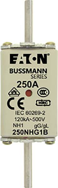 Sicherungseinsatz von Eaton Bussmann Series mit der Aufschrift: '250A, IEC 60269-2, 120kA-500V, NH1, gG/gL, 250NHG1B', CE- und RoHS-Symbol.