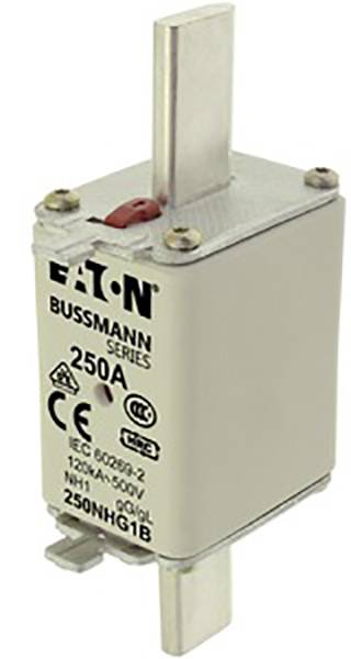 Abgebildet ist eine Eaton Bussmann Sicherung der Serie NH, 250A, mit CE-Zeichen. Sie dient dem Schutz elektrischer Schaltungen.