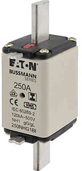 Sicherung der Marke Eaton Bussmann Series, 250A, mit CE-Kennzeichen und elektrischen Spezifikationen. Geeignet für Schutzschaltungen.