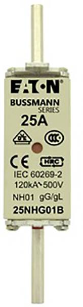 Sicherungseinsatz der Marke Eaton Bussmann Series, 25A, 500V, mit CE- und CCC-Zertifizierung.