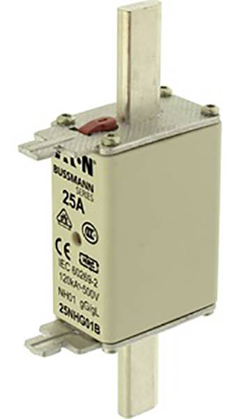 Ein quadratisches, beige Gehäuse mit Metallkontakten oben und unten. Aufschrift zeigt '25A' und elektrische Spezifikationen an.