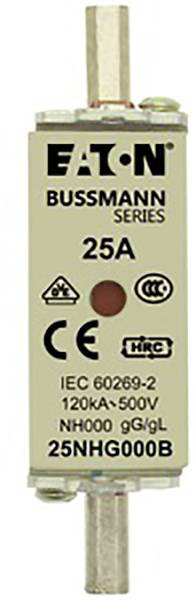 Sicherung 'Eaton Bussmann Series' mit 25A, IEC 60269-2, 120kA-500V, NH000 gG/gL, Modell 25NHG000B.