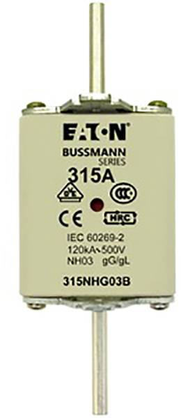 Ein zylindrische Sicherung der Marke Eaton Bussmann Series, 315A, mit den Spezifikationen IEC 60269-2, 120kA, 500V.