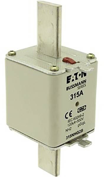 Leistungssicherung der Eaton Bussmann Serie mit der Aufschrift '315A', CE-Kennzeichnung und Spannungsspezifikationen 120kA, 690V.